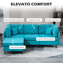 Divano Componibile a L con Braccioli e Poggiapiedi 222x154.5x71 cm in Tessuto Effetto Lino Blu e Nero