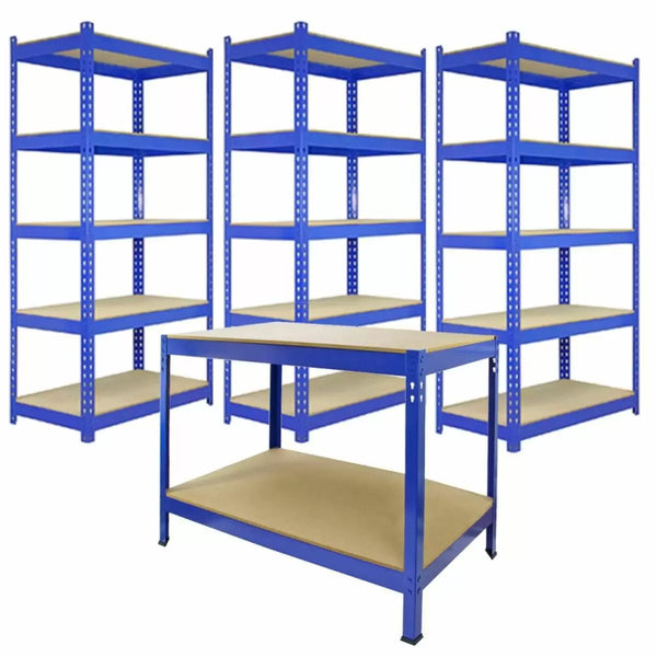 Set 3 Scaffali ad Incastro con Banco da lavoro da 120 cm e Martello Piani in MDF Struttura in Acciaio Blu sconto