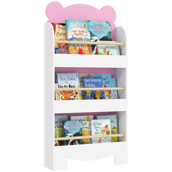 acquista Libreria per Bambini 55x15x110 cm a Forma di Orsetto a 3 Ripiani con Barriere Frontali in MDF e Legno Rosa