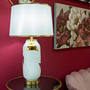 Lampada da Tavolo Ceramic Ø40x70 cm in Ceramica e Ferro e Tessuto Oro e Bianco      