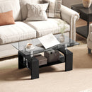 Tavolino da Caffè Moderno a 2 Livelli 90x50x42 cm con Piano in Vetro Temperato in Legno e Acciaio Nero      