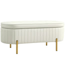 Panca Contenitore Ovale 108x44x43,5 cm con Coperchio Sollevabile in Tessuto Vellutato Crema  