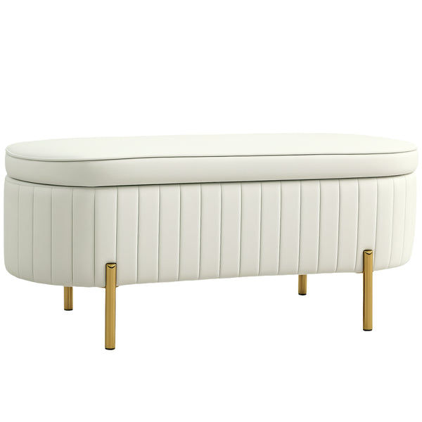 sconto Panca Contenitore Ovale 108x44x43,5 cm con Coperchio Sollevabile in Tessuto Vellutato Crema