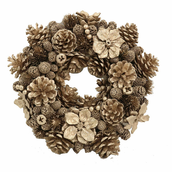 acquista Coroncina con fiori e pigne champagne cm Ø30xh8