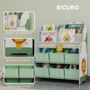 Scaffale Portagiochi per Bambini 63x30x71 cm con 6 Cassetti in Tessuto e Libreria a 2 Livelli in Legno e Acciaio Verde  