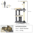 Albero Tiragraffi per Gatti a 3 Livelli H105 cm con Pali in Sisal Grigio