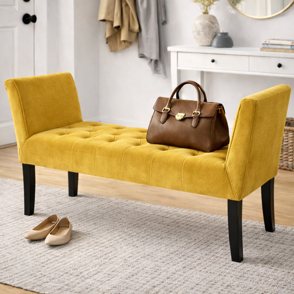 online Panca Fondoletto Ingresso 111x40x60 cm con Piedi in Legno e Rivestimento Velluto Mostarda