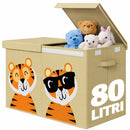 Box Contenitore per Giocattoli 62,5x31,5x40 cm Pieghevole Doppio Scomparto 80L Design Animali in Tessuto Oxford Beige      