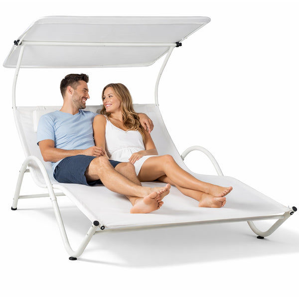 Lettino Lounge 2 Posti da Esterno 200x145x135 cm Tetto Parasole Anti UV Telaio Tubolare Bianco prezzo