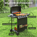 Barbecue a Gas con 4+1 Bruciatori Indipendenti 121x54x97 cm Coperchio con Termometro Nero   