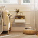 Set di 2 Comodini Sospesi 35x32x22,5 cm con Cassetto e Mensola Aperta Rivestimento in Melamina Bianco e Rovere      