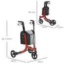 Deambulatore ad Altezza Regolabile con 3 Ruote e Tasca Portaoggetti 68x68x86,5-99 cm in Alluminio Rosso