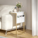 Tavolino da Salotto a Forma di C Piano Effetto Marmo con Prese di Corrente e USB in MDF Bianco  