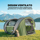 Tenda da Campeggio Pop-Up per 2-3 Persone 265x220x115 cm 2 Porte 2 Finestre Impermeabile in Poliestere Verde      