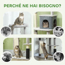 Albero Tiragraffi Multilivello Alto 132 cm con Casetta e Lettino in Peluche e Sisal Grigio  