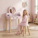 Set Toeletta Trucco per Bambina 55x34x82 cm con Sgabello Specchio e Cassetto in Legno Rosa      