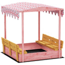 Sabbiera per Bambini 3-6 Anni 134,5x127,5x130 cm con Tettuccio Fenicotteri Sedute Pieghevoli Coperchio e Fodera in Legno di Abete Rosa      