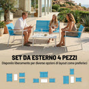 Set 4 Pezzi Salotto da Giardino Divano 2 Poltrone Tavolo in Metallo e Texteline Blu      