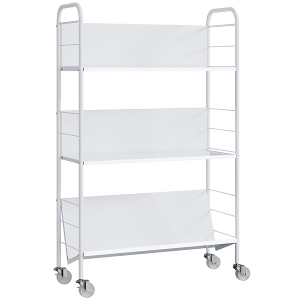 Carrello Portalibri Moderno a 3 Livelli 69x26x108 cm con Ruote Girevoli in Metallo e PP Bianco acquista