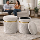 Pouf Contenitore Ø37x40 cm Sgabello Poggiapiedi in Velluto Avorio     
