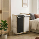 Cesto Portabiancheria 63x33x78 cm 2 Scomparti 120L con Coperchi Tasche Laterali Sacchi Estraibili in Bambù e Poliestere Bianco e Nero      