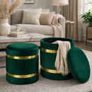 Set 2 Pouf Contenitore Ø 38x44 cm e Ø 31x38 cm con Rivestimento Velluto Verde     
