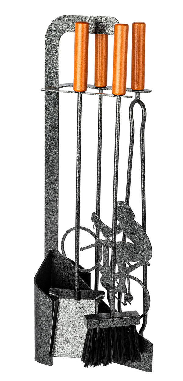 online Trespolo per Attrezzi Camino Sagoma Ciclista con Paletta Scopino Attizzino e Pinza 15,6x23,5x65 cm in Ferro e Legno Grigio Martellato