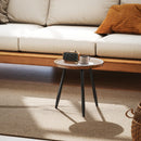 Tavolino da Salotto Ø40x39 cm con Bordo Rialzato e 3 Gambe in Legno e Acciaio Nero e color Legno  