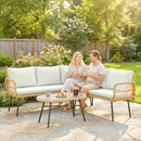 Set 4 Pezzi Salotto da Giardino con 2 Divani 2 Posti Angolari e Tavolino da Caffè in Acciaio e Rattan Legno e Crema      