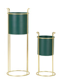 Porta Vasi Grent Slim Set 2 Pz Ø24x70 cm - Ø19,5x45 cm in Ferro Verde e Oro      