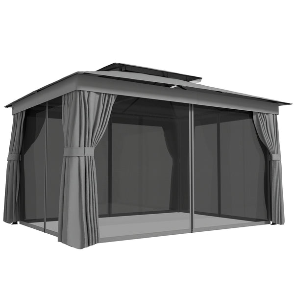 sconto Gazebo da Giardino a 2 Livelli 380x300x270 cm con Zanzariere e Tende in Metallo e Poliestere Grigio Scuro