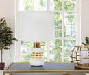 Lampada da Tavolo Liara Ø23x32 cm in Ceramica e Ferro e Tessuto Bianco e Oro      