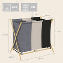 Cesto Portabiancheria Pieghevole 75x48x67 cm a 3 Scomparti in Bambù e Tessuto Effetto Lino Multicolore 