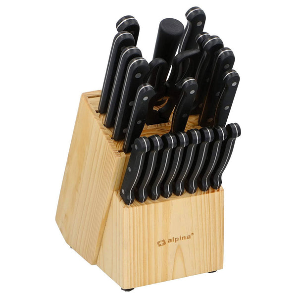sconto Set Coltelli In Acciaio + Ceppo Portacoltelli Legno 22 Pezzi con Forbici Cucina Alpina