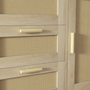 Mobile Multiuso Stile Boho con Armadietto e 3 Cassetti 80x36x75 cm in Legno e Rattan Rovere
