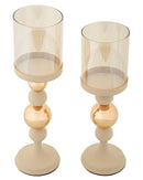 Porta Candele Glassy Crema Set 2 Pz Ø10x36 cm - Ø10x32 cm in Ferro Crema e Oro      