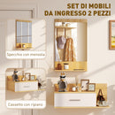 Set Mobili da Ingresso con Specchio Mensola e Mobiletto a Parete in Legno e Vetro Naturale      