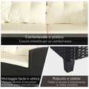 Set Salotto da Giardino Divano 2 Poltrone e Tavolino in Rattan Nero e Crema