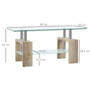 Tavolino da Caffè a 2 Livelli 90x50x42 cm in Vetro e Legno Naturale