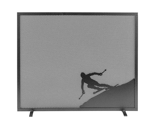 Parascintille per Camino a 1 Anta Design Sciatore 60x51 cm in Ferro Verniciato Grigio Martellato sconto