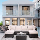 Set Patio Divano Modulabile da Esterno Cuscini Beige e Tavolino con Piano in Vetro in Polyrattan      