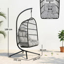 Sedia a Uovo Sospesa 105x101x196 cm con Supporto e Cinghia di Sicurezza in Metallo e Rattan PE Nero e Grigio Chiaro      
