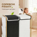 Cesto Portabiancheria 63x33x78 cm 2 Scomparti 120L con Coperchi Tasche Laterali Sacchi Estraibili in Bambù e Poliestere Bianco e Nero      