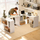 Scrivania Angolare Moderna 110x100x75 cm con Scaffale e Cassetto in Tessuto Bianco      