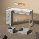 Scrivania Angolare 126x48x80 cm a 6 Cassetti con Gancio Laterale e Prese Integrate in Legno e Acciaio Bianco      
