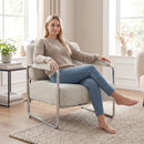 Poltrona Elegante Seduta Ampia Telaio in Acciaio e Rivestimento in Ciniglia Morbida Beige      