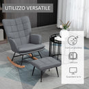 Sedia a Dondolo con Pouf con Cuscino e Braccioli in Tessuto Effetto Lino e Legno Grigio      