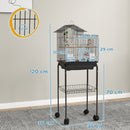 Gabbia per Uccelli con Piedistallo 46x36x120 cm Ruote Girevoli Ripiano e Accessori Nero   