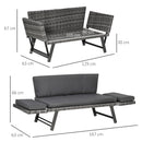 Divano da Giardino 2 Posti con Imbottitura e Braccioli Ribaltabili 129x63x67 cm in Rattan Grigio
