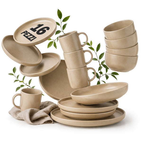 sconto Servizio Piatti 16 Pezzi Design Moderno per 4 Persone in Gres Smaltato Sabbia